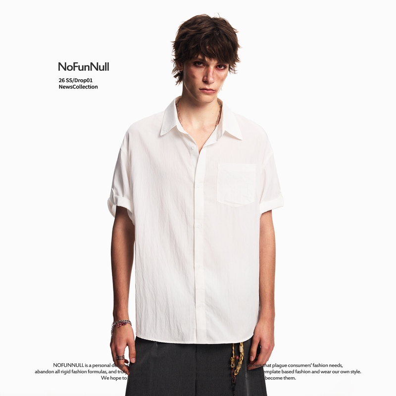 Nofunnull American Casual Relaxed Short-Sleeved Shirt for Men and Women, Summer Lapel Loose-Fitting Solid Color Shirt for Work Clothing