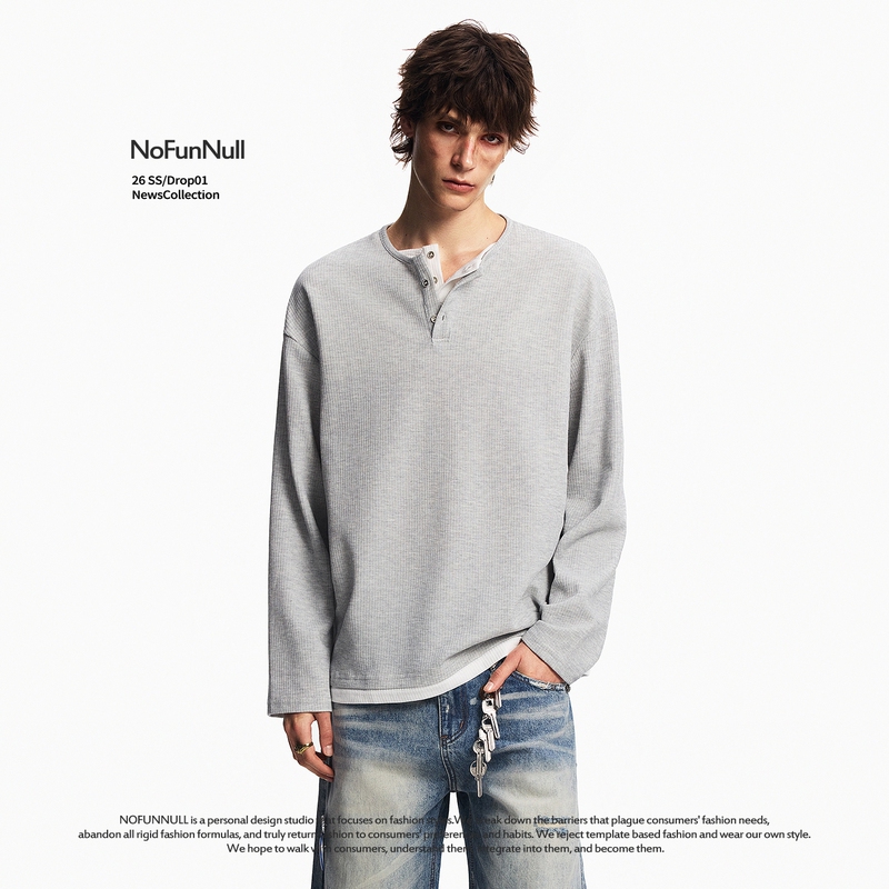 Nofunnull American Style Fake Two-Piece Henry Collar Long-Sleeve T-Shirt for Men and Women, Spring Vintage High-Quality Top Base Shirt
