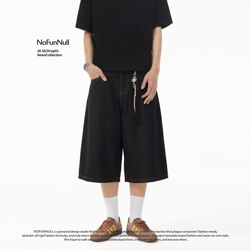 Nofunnull American-Style Black Lyocell Jeans for Men and Women, Summer Loose Retro High-End Wide-Leg Cropped Pants