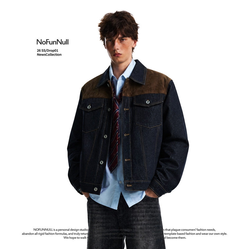 Nofunnull Barn Style Suede Patchwork Lapel Denim Jacket for Men and Women, Autumn Original Color Short Wide Shoulder Coat