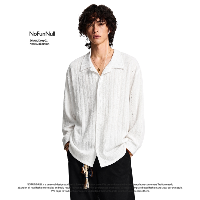 Nofunnull Old Money Style Textured Cuban Collar Long-Sleeve Shirt for Men and Women, Autumn Loose Hollow-Out Design Top Nofunnull Old Money Style Textured Cuban Collar Long-Sleeve Shirt for Men and Women, Autumn Loose Hollow-Out Design Top