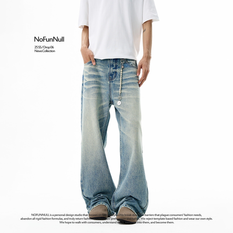 Nofunnull American Style Cleanfit Combat Bull King Micro-Flared Ice Blue Jeans 2021 m Fit Casual Long Pants