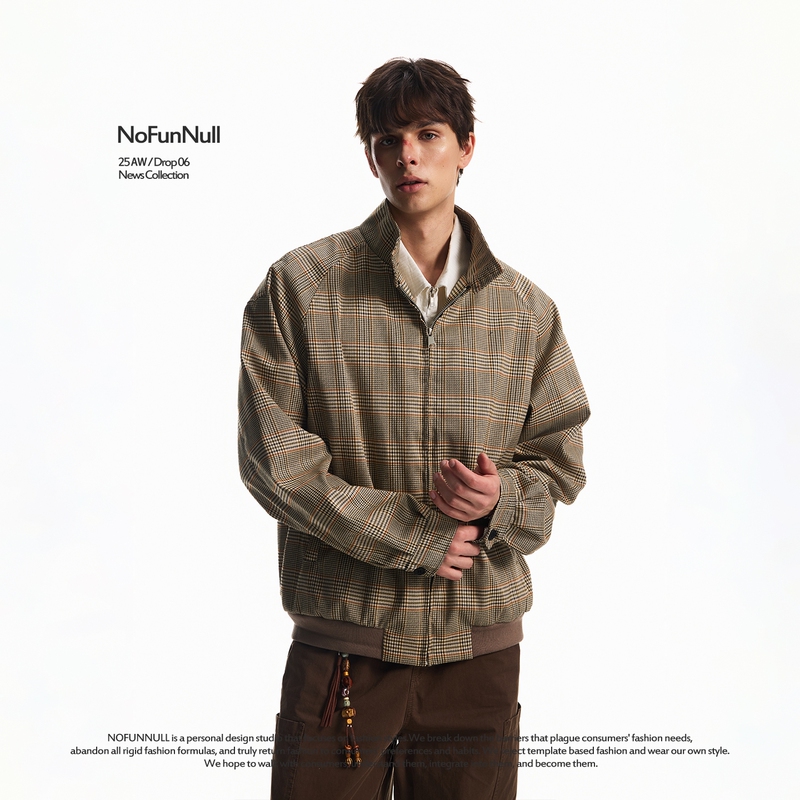 Nofunnull American Cleanfit Houndstooth Harrington Jacket for Men and Women, Autumn Old Money Style Casual Jacket