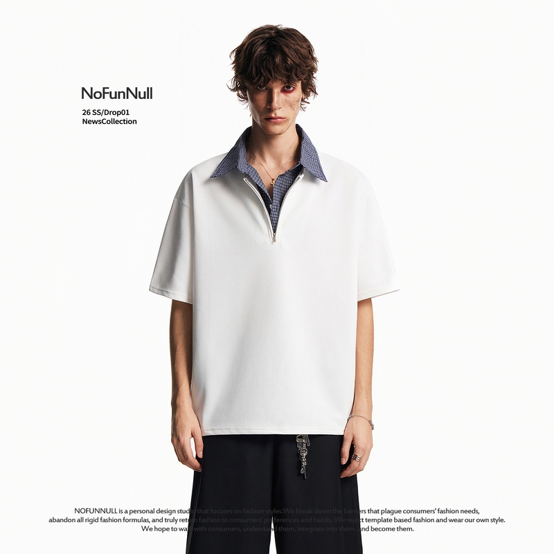 Nofunnull Fake Two-Piece Design Polo Short-Sleeved T-Shirt for Men, Summer Half-Zip College Style High-Quality Top for Women