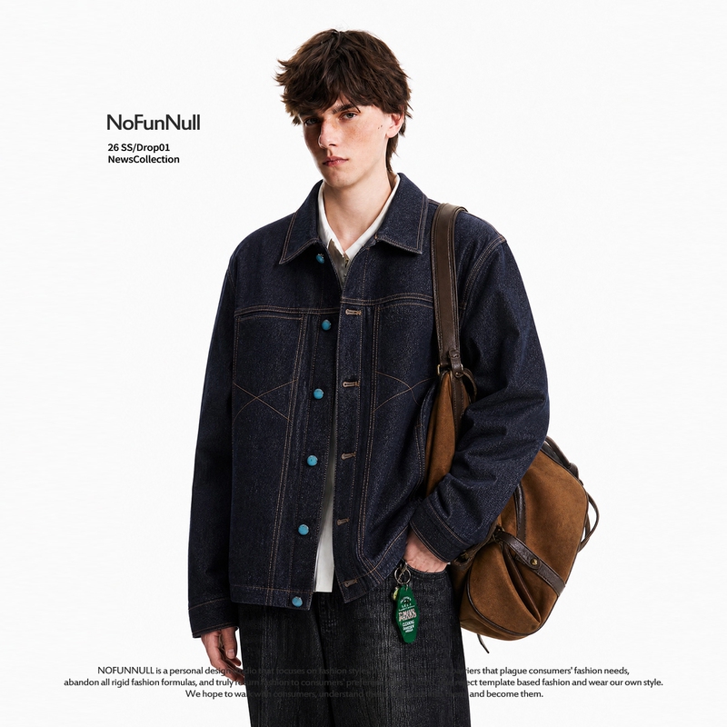 Nofunnull American Retro Turquoise Denim Jacket Autumn Unisex Regular Shoulder Short Wide Top Coat