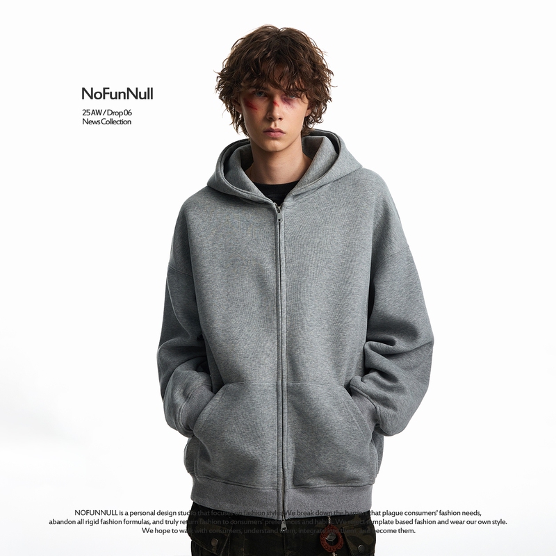 Nofunnull 400g Heavyweight American-Style Basic Hooded Double-Zip Sweatshirt for Men and Women, Spring Loose Fit, Structured Jacket Nofunnull 400g Heavyweight American-Style Basic Hooded Double-Zip Sweatshirt for Men and Women, Spring Loose Fit, Structured Jacket