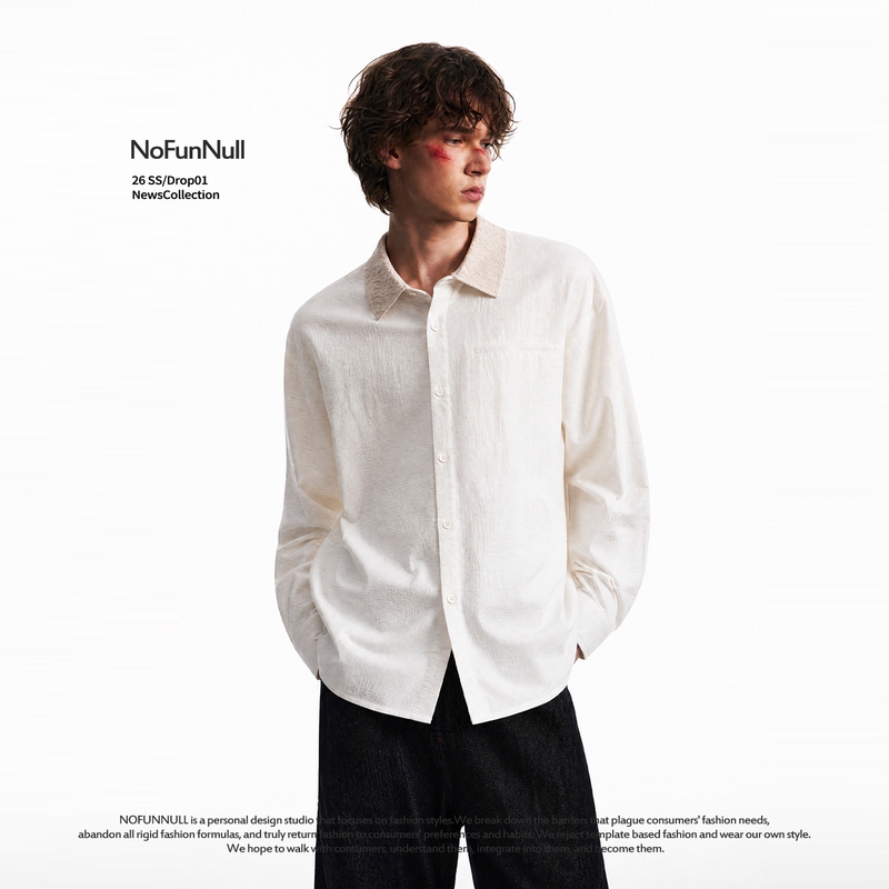 Nofunnull Lyocell Linen Jacquard Lapel Long-Sleeved Shirt for Men and Women, Autumn Textured Shirt Jacket, Trendy