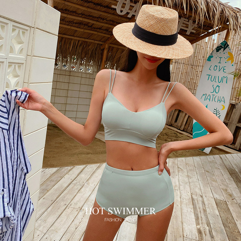 Split bikini swimsuit woman with high face value Xia conservative high waist harness small chest flat angle pure desire wind 2023 new-Taobao