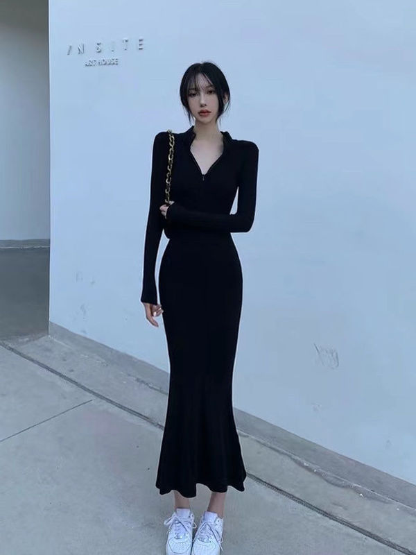 French Retro Style Bodycon Fishtail Polo Collar Little Black Dress Spring Hepburn Style Elegant Long-Sleeve Stepmother Dress French Retro Style Bodycon Fishtail Polo Collar Little Black Dress Spring Hepburn Style Elegant Long-Sleeve Stepmother Dress