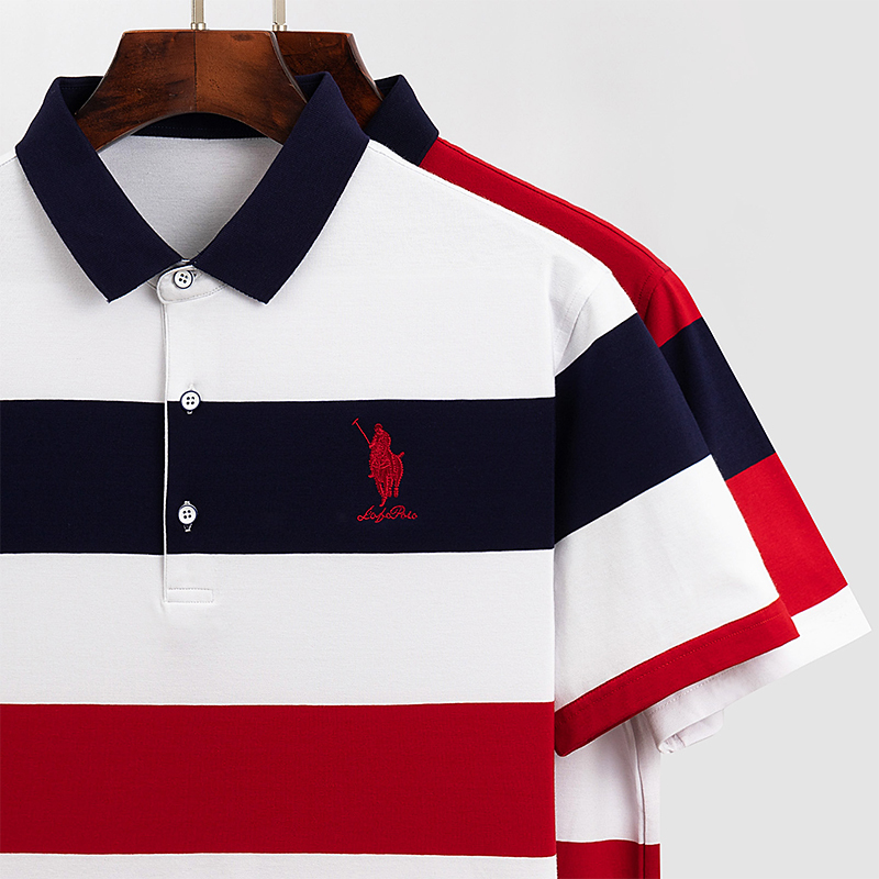 Pure Cotton Striped T-Shirt Men's Short-Sleeved Loose Clothing Embroidered Pure Cotton Large Size T-Shirt Lapel Men's Knitted Half-Sleeved Top