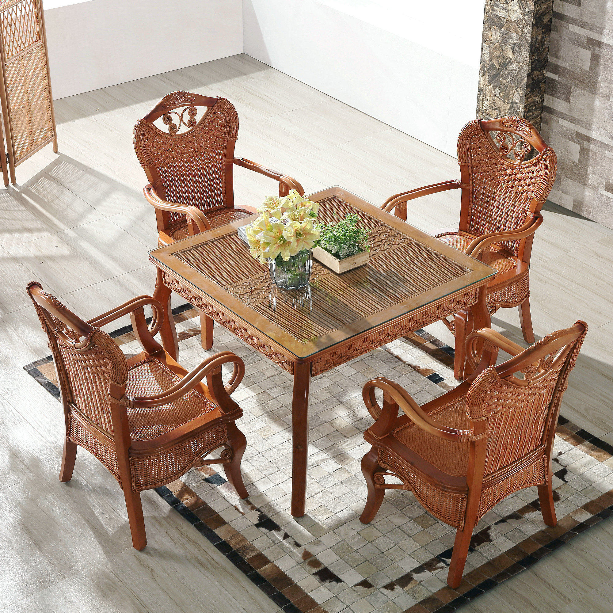 Real Teng Chair Vine Chair Three Sets Balcony Dining Table And Chairs Combined Living Room Retro Old Man Leisure Tea Table Single Backrest