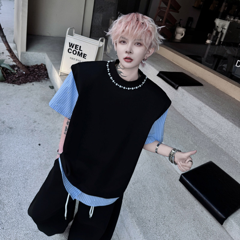 Summer Niche Two-Piece Style with Contrasting Colors and Beaded Design, Shoulder-Padded Short-Sleeve T-Shirt for Men, Heavyweight Cool Half-Sleeve T-Shirt