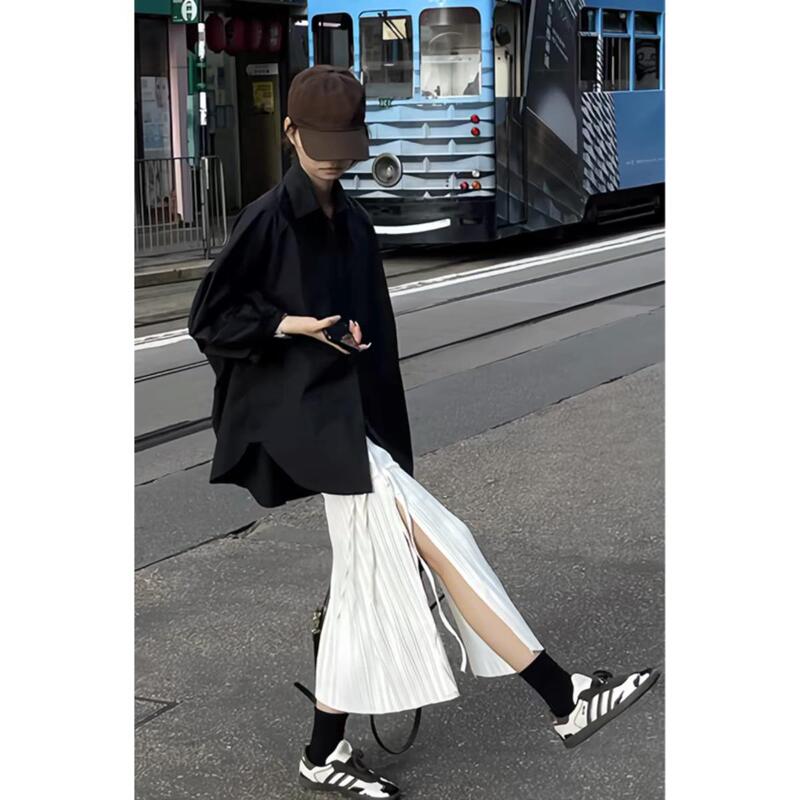 2025 High-End New Style Summer Outfit with Pleated Design, Trendy and Age-Reducing Fashion White Slit Skirt for Women