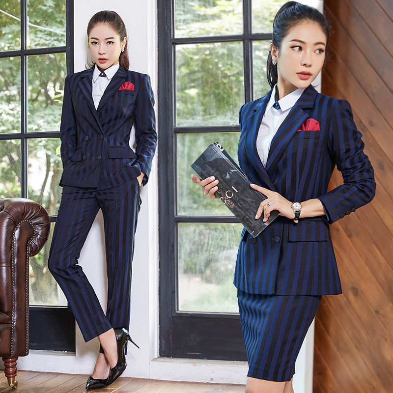 Clear Barn 6 Fold To Work Suit Woman Fashion Suit Suit Striped Temperament Inglust Style Hotel Front Desk Work Clothes