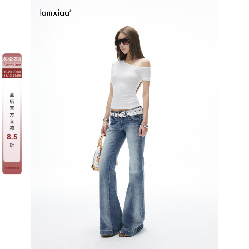 Iamxiaa* Retro Gradient Washed Low-Waist Slightly Flared Slim-Fit Denim Pants Iamxiaa* Retro Gradient Washed Low-Waist Slightly Flared Slim-Fit Denim Pants