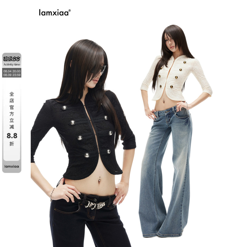 Iamxiaa* Hollow Lace Napoleon Court Style Metal Buckle Mid-Sleeve Waist-Revealing Slim-Fit Top Basic Two-Color Iamxiaa* Hollow Lace Napoleon Court Style Metal Buckle Mid-Sleeve Waist-Revealing Slim-Fit Top Basic Two-Color
