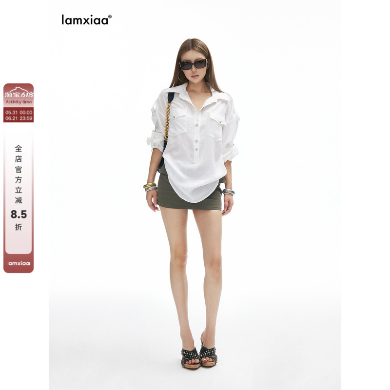 Iamxiaa* Tencel Linen Breathable and Comfortable Adjustable Sleeve Loops Back Waist Tie Metal Handmade Buckle Os Shirt Iamxiaa* Tencel Linen Breathable and Comfortable Adjustable Sleeve Loops Back Waist Tie Metal Handmade Buckle Os Shirt