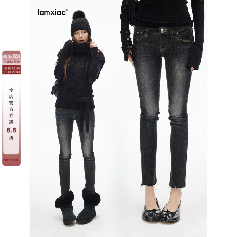 Iamxiaa* Cotton Soft Black Stretch Denim Vintage Washed Distressed 90S Street Style Double-Button Slim Fit Skinny Pants Iamxiaa* Cotton Soft Black Stretch Denim Vintage Washed Distressed 90S Street Style Double-Button Slim Fit Skinny Pants