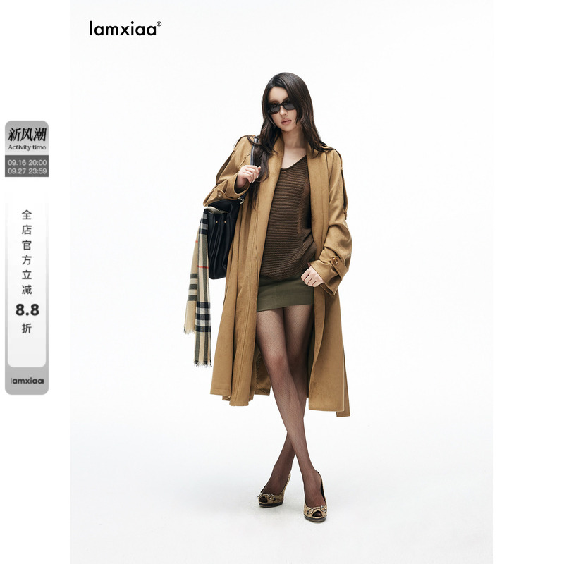 Iamxiaa* Yellow-Brown Cowhide Suede Adjustable Shoulder Strap Collarless Bathrobe-Style Wrap Tie Wide-Fit Long Trench Coat Iamxiaa* Yellow-Brown Cowhide Suede Adjustable Shoulder Strap Collarless Bathrobe-Style Wrap Tie Wide-Fit Long Trench Coat