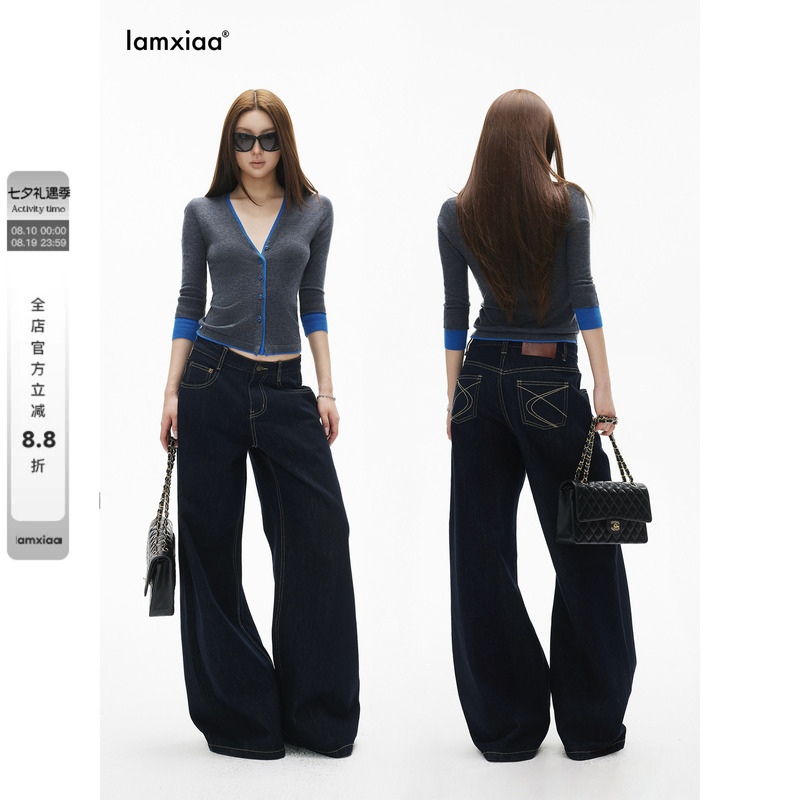 Iamxiaa*90S Retro Raw Denim with Contrasting Stitching, Stylish Pocket Design, Slimming and Flattering Classic Wide-Leg Jeans