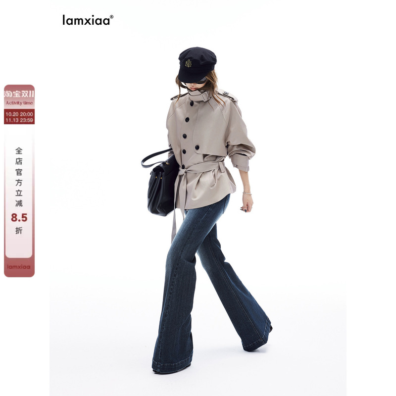Iamxiaa* High Cotton Content Twill Adjustable Stand Collar Epaulet Buttoned Cocoon Sleeves H-Shaped Short Trench Coat Iamxiaa* High Cotton Content Twill Adjustable Stand Collar Epaulet Buttoned Cocoon Sleeves H-Shaped Short Trench Coat