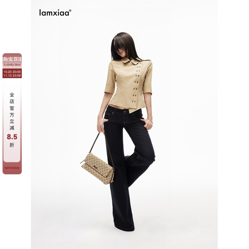 Iamxiaa*100 Cotton Khaki Trench Coat Style Shoulder Strap Diagonal Placketing Segmented Line Slim Waist Mid-Sleeve Shirt