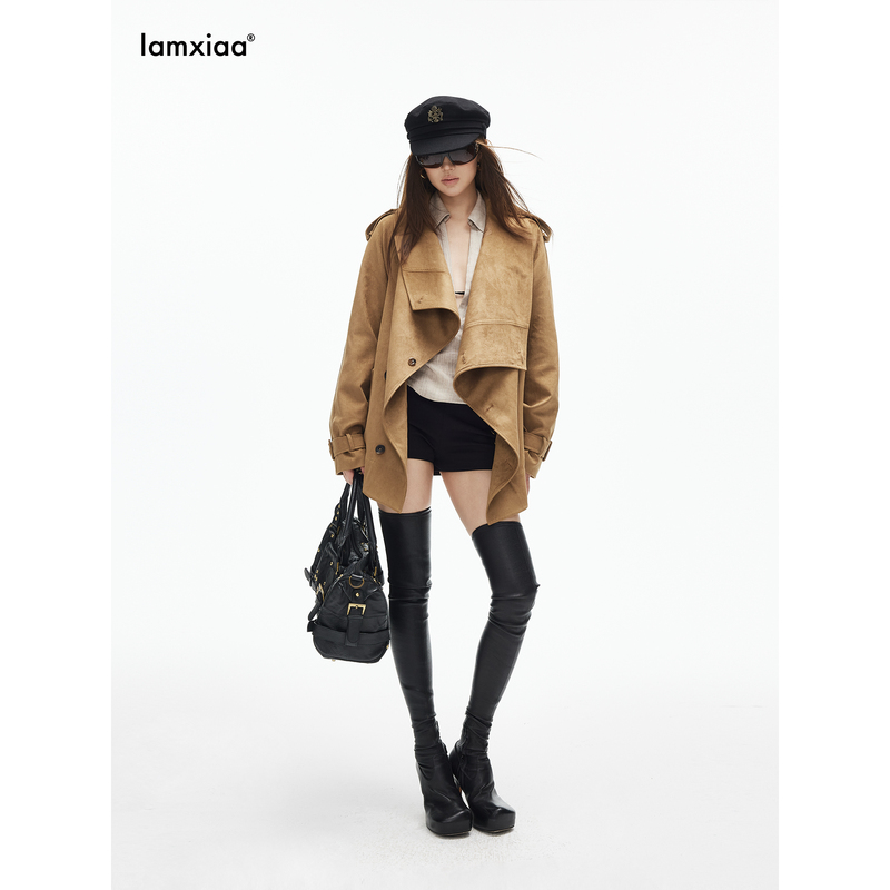 Iamxiaa* Leather-Like Texture Large Lapel Wave Placket Diagonal Button Closure Genuine Leather Belt Short Wide Suede Jacket Iamxiaa* Leather-Like Texture Large Lapel Wave Placket Diagonal Button Closure Genuine Leather Belt Short Wide Suede Jacket