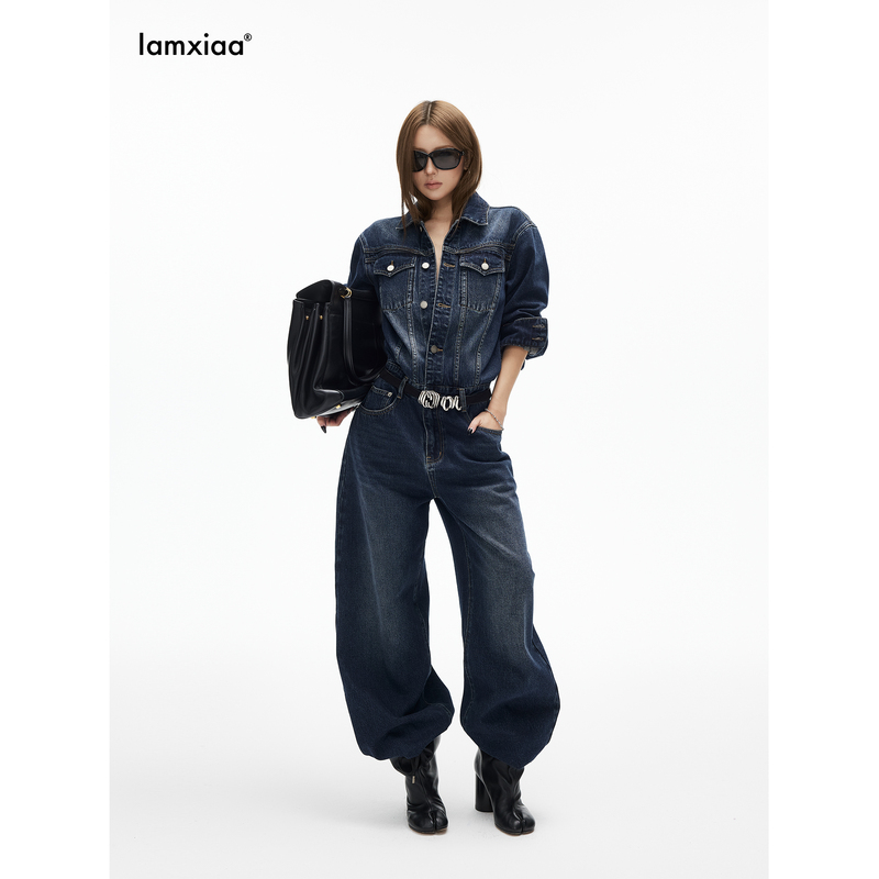 Iamxiaa* High Cotton Content Original Color Denim Distressed Washed Lapel Scimitar Integrated Retro Jumpsuit Iamxiaa* High Cotton Content Original Color Denim Distressed Washed Lapel Scimitar Integrated Retro Jumpsuit