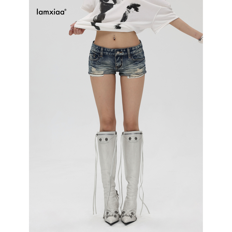 Iamxiaa* Vintage Washed Distressed Rhinestone Studded Pocket Low-Rise Denim Shorts Iamxiaa* Vintage Washed Distressed Rhinestone Studded Pocket Low-Rise Denim Shorts