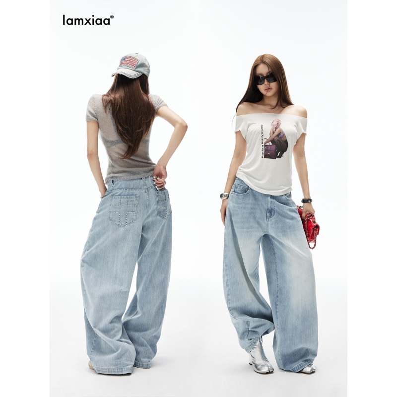 Iamxiaa* Cotton Slub Vertical Stripe Light Blue Vintage Washed Handmade Rivet-Decorated Low-Rise Loose Jeans