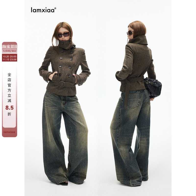 Iamxiaa* Unique Cement Yellow Color-Blocked Denim Distressed Washed Deconstructed Pocket Vintage Classic Straight-Leg Pants Iamxiaa* Unique Cement Yellow Color-Blocked Denim Distressed Washed Deconstructed Pocket Vintage Classic Straight-Leg Pants