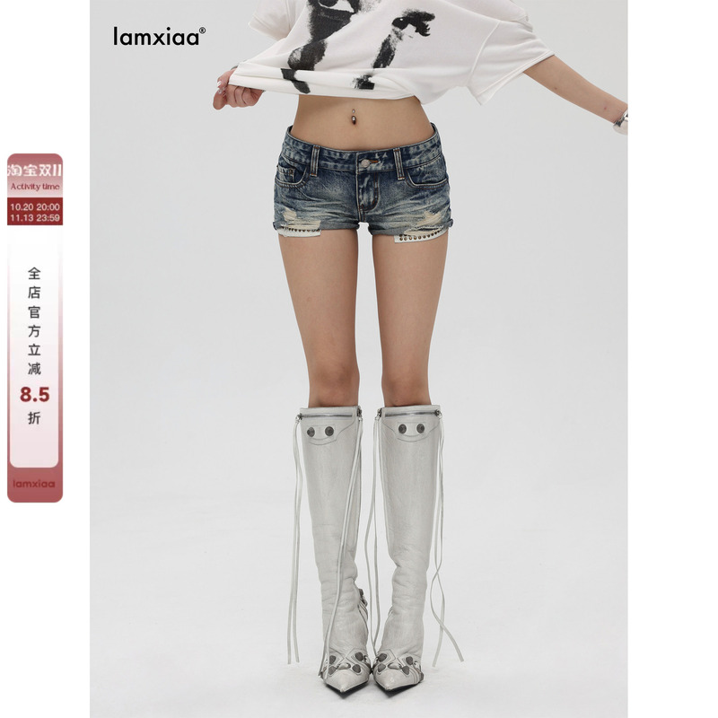 Iamxiaa* Vintage Washed Distressed Rhinestone Studded Pocket Low-Rise Denim Shorts Iamxiaa* Vintage Washed Distressed Rhinestone Studded Pocket Low-Rise Denim Shorts