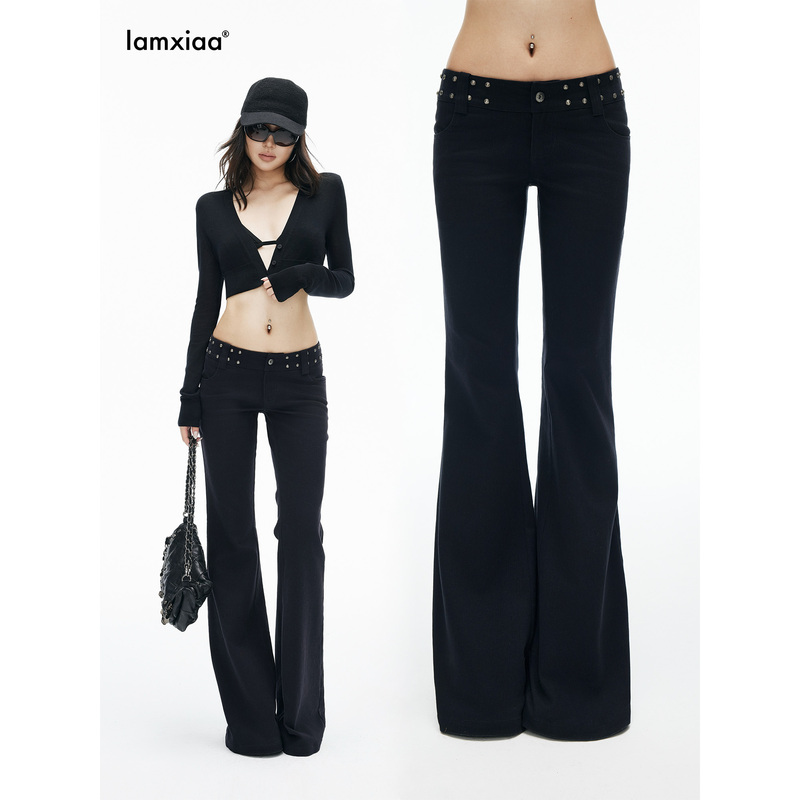 Iamxiaa* High-Cotton Lyocell Navy Blue Denim Ultra-Low-Rise Vintage Silver Studded Punk Style Flared Pants Iamxiaa* High-Cotton Lyocell Navy Blue Denim Ultra-Low-Rise Vintage Silver Studded Punk Style Flared Pants