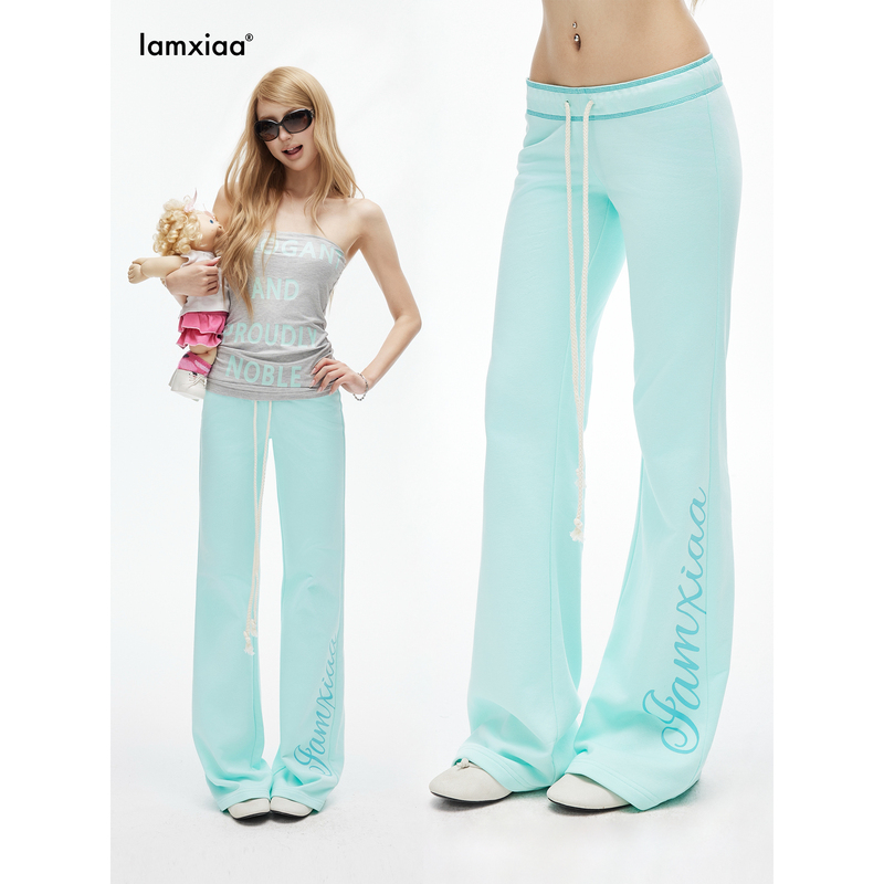 Iamxiaa* Refreshing Mint Green Cotton Low-Waist Drawstring Long Pants with Thorn Print, Slim Fit, Slightly Flared Sweatpants