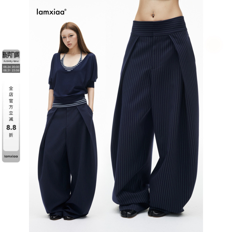 Iamxiaa* Navy Blue and Light Green Banker Stripe Style Three-Dimensional Pleated Low-Waist Banana-Shaped Wide-Leg Trousers Iamxiaa* Navy Blue and Light Green Banker Stripe Style Three-Dimensional Pleated Low-Waist Banana-Shaped Wide-Leg Trousers