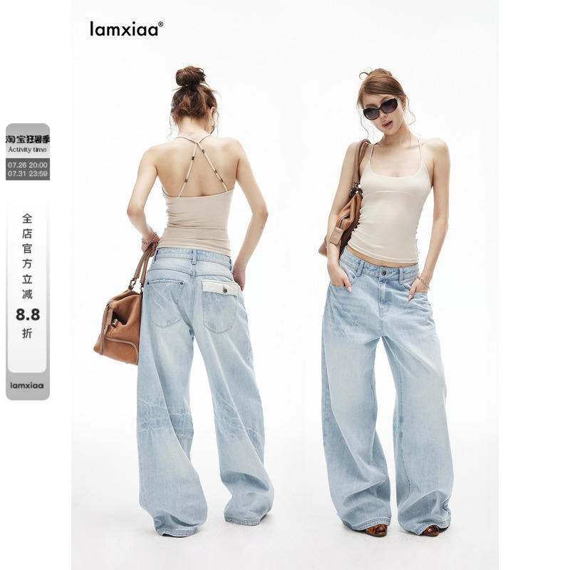 Iamxiaa* Cotton Non-Stretch Denim Ice Blue Washed Low-Rise Deconstructed Hip Pocket Design Loose Floor-Length Dad Pants