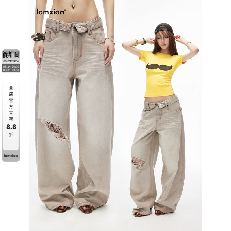 Iamxiaa* Cotton Slightly Stretchy Vintage Gray Washed Low-Rise Cuffed Waist Ripped Straight-Leg Jeans
