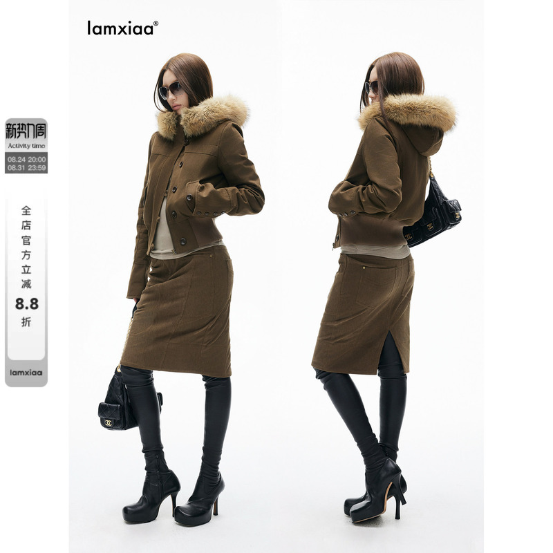 Iamxiaa*100 Long-Staple Cotton Twill Texture Hooded Detachable Fur Collar Teddy Fur Fleece Short Jacket Coat