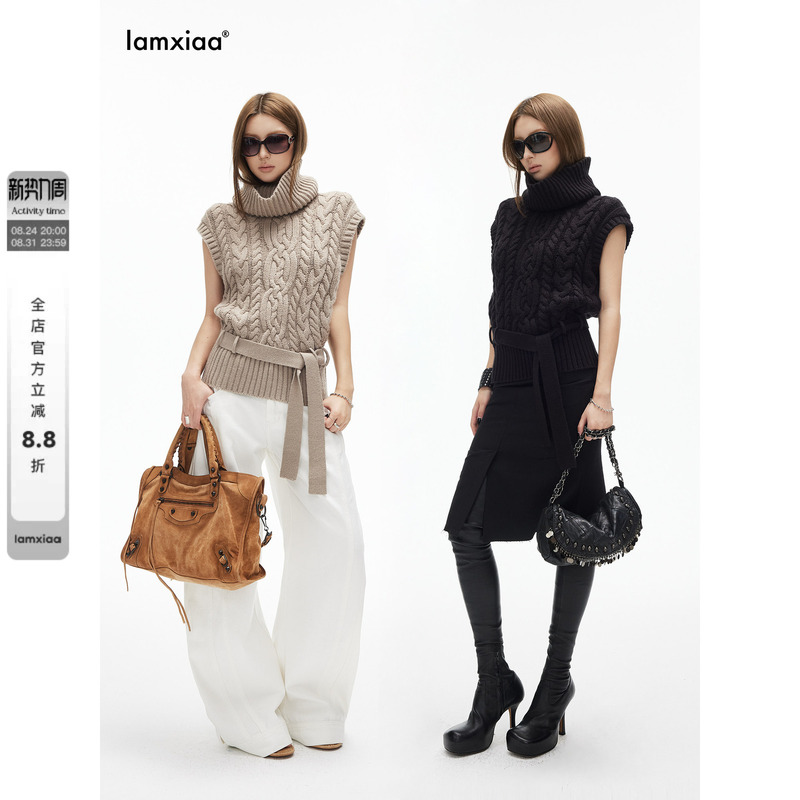 Iamxiaa* Chunky Knit Three-Dimensional Cable Knit Turtleneck with Small Flutter Sleeves and Belt, Cable Knit Sweater Vest, Available in Two Colors Iamxiaa* Chunky Knit Three-Dimensional Cable Knit Turtleneck with Small Flutter Sleeves and Belt, Cable Knit Sweater Vest, Available in Two Colors