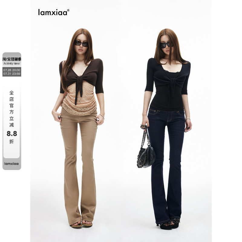 Iamxiaa* Contains Mercerized Wool, Stretchy Knit, V-Neck, Open-Front, Mid-Sleeve, Layered Style, Waist-Revealing, Short Two-Tone Cardigan