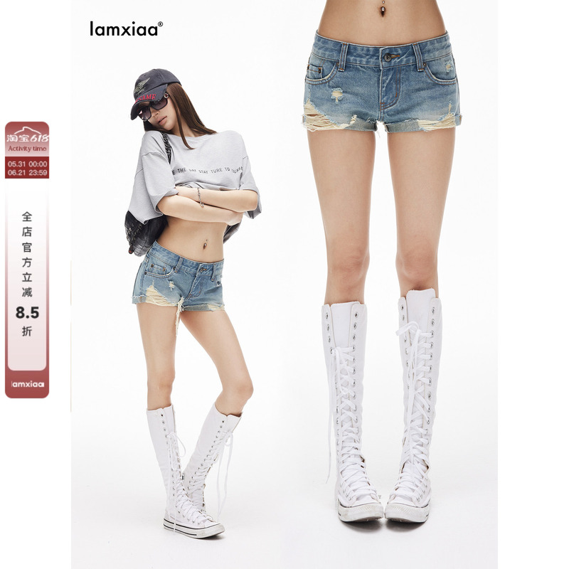 Iamxiaa* High-Waisted Denim Low-Rise Irregular Ripped Hem Vintage Casual Bodycon Hot Pants Shorts