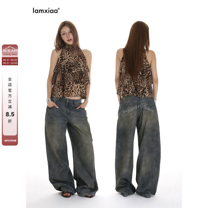 Iamxiaa* Heavily Washed, Distressed, Low-Waisted, Rhinestone-Embellished, Loose-Fitting Wide-Leg Jeans