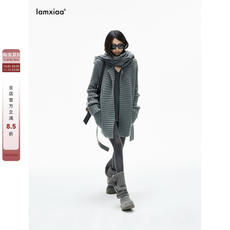 Iamxiaa* Smoky Gray Stretchy Ribbed Collar Sweater Coat with Ribbed Placket and Belt, Mid-Length and Loose Fit Iamxiaa* Smoky Gray Stretchy Ribbed Collar Sweater Coat with Ribbed Placket and Belt, Mid-Length and Loose Fit