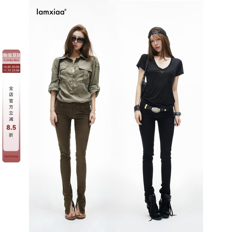 Iamxiaa* Cotton Slightly Elastic Ankle Zipper 90S Low-Waist Back Pleated Slim-Fit Skinny Pants Retro Two-Tone