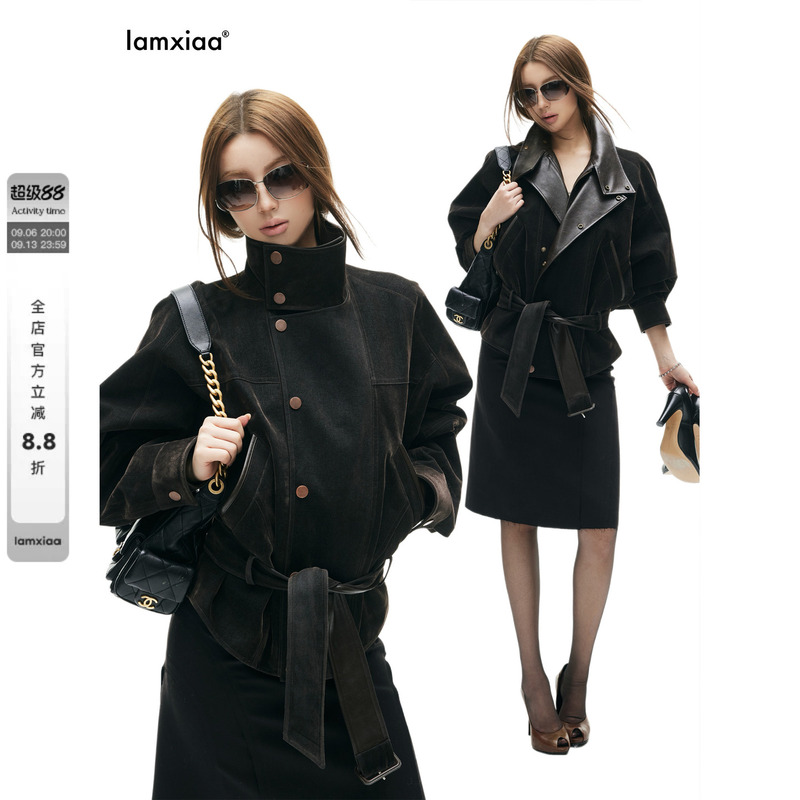 Iamxiaa* Cotton Twill Flocked Denim Patchwork Leather Two-Way Collar Lantern Sleeve Belted Vintage Loose Jacket Coat