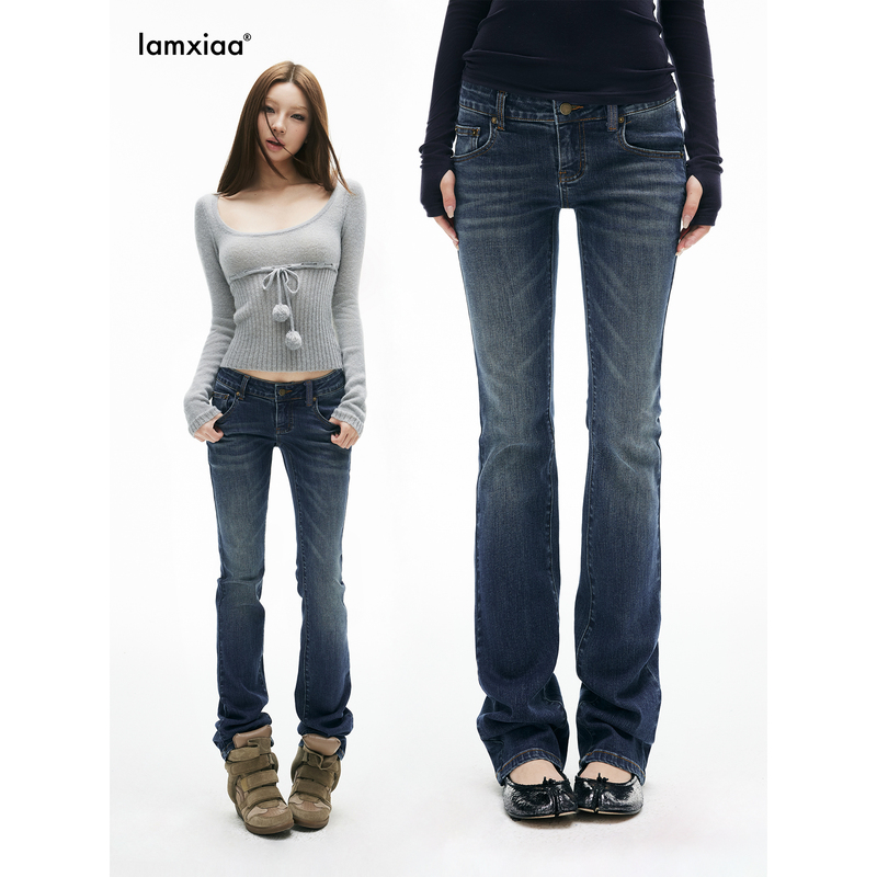 Iamxiaa* Cotton-Feel Stretch Denim Vtg Blue Washed Distressed 90S Retro Casual Low-Rise Straight-Leg Flared Pants Iamxiaa* Cotton-Feel Stretch Denim Vtg Blue Washed Distressed 90S Retro Casual Low-Rise Straight-Leg Flared Pants