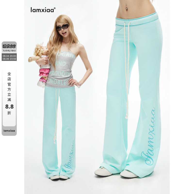 Iamxiaa* Refreshing Mint Green Cotton Low-Waist Drawstring Long Pants with Thorn Print, Slim Fit, Slightly Flared Sweatpants