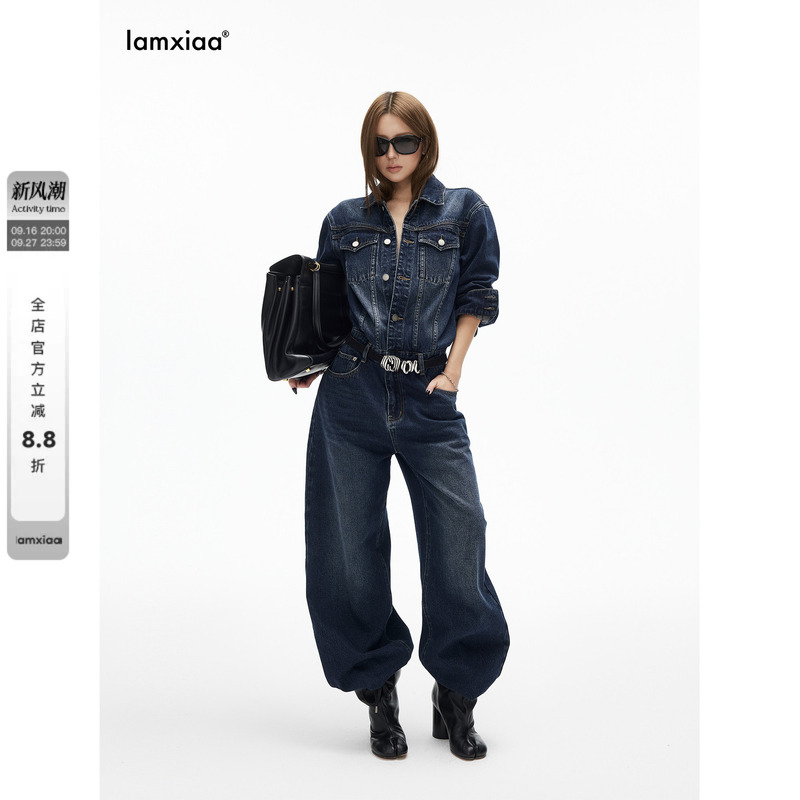 Iamxiaa* High Cotton Content Original Color Denim Distressed Washed Lapel Scimitar Integrated Retro Jumpsuit Iamxiaa* High Cotton Content Original Color Denim Distressed Washed Lapel Scimitar Integrated Retro Jumpsuit