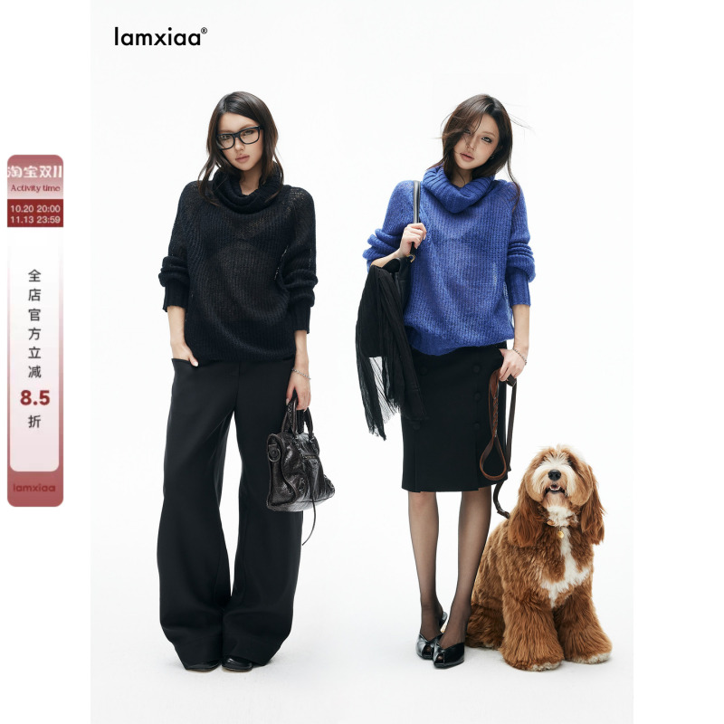 Iamxiaa* Wool Blend Slightly Sheer Ribbed Knit Slouchy Turtleneck Sweater with Ribbed Cuffs, Available in Two Colors, Loose Fit Iamxiaa* Wool Blend Slightly Sheer Ribbed Knit Slouchy Turtleneck Sweater with Ribbed Cuffs, Available in Two Colors, Loose Fit