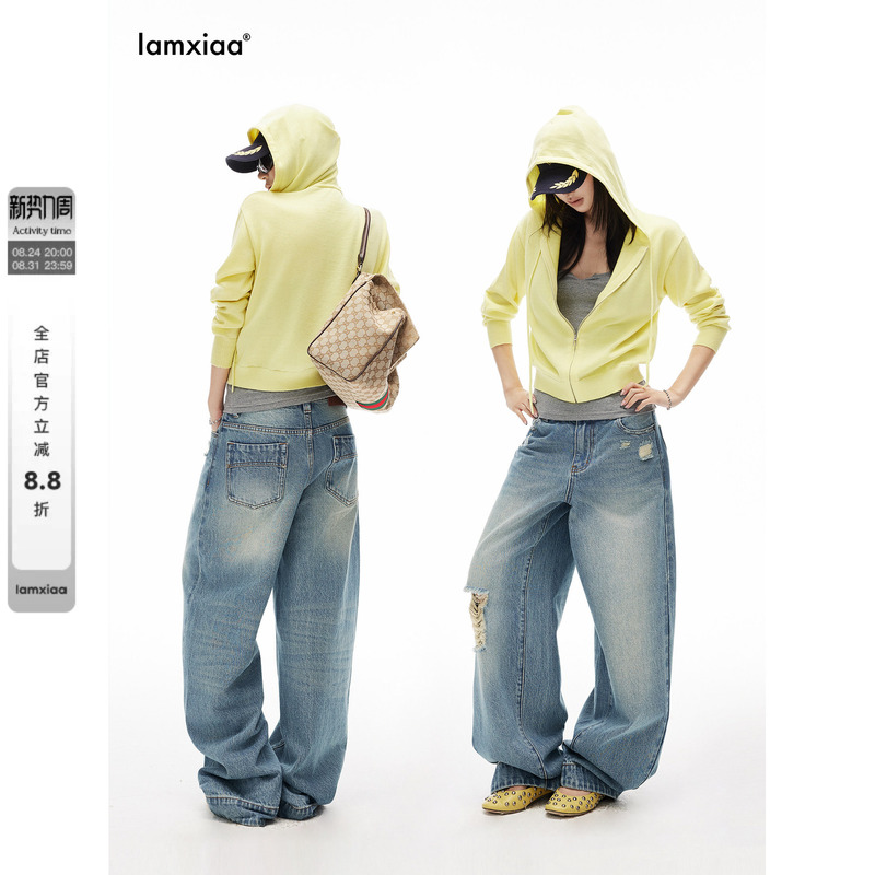 Iamxiaa* Cotton Twill Denim Vintage Blue Washed 90S Low-Rise Irregular Ripped Micro-Flared Wide-Leg Pants Iamxiaa* Cotton Twill Denim Vintage Blue Washed 90S Low-Rise Irregular Ripped Micro-Flared Wide-Leg Pants